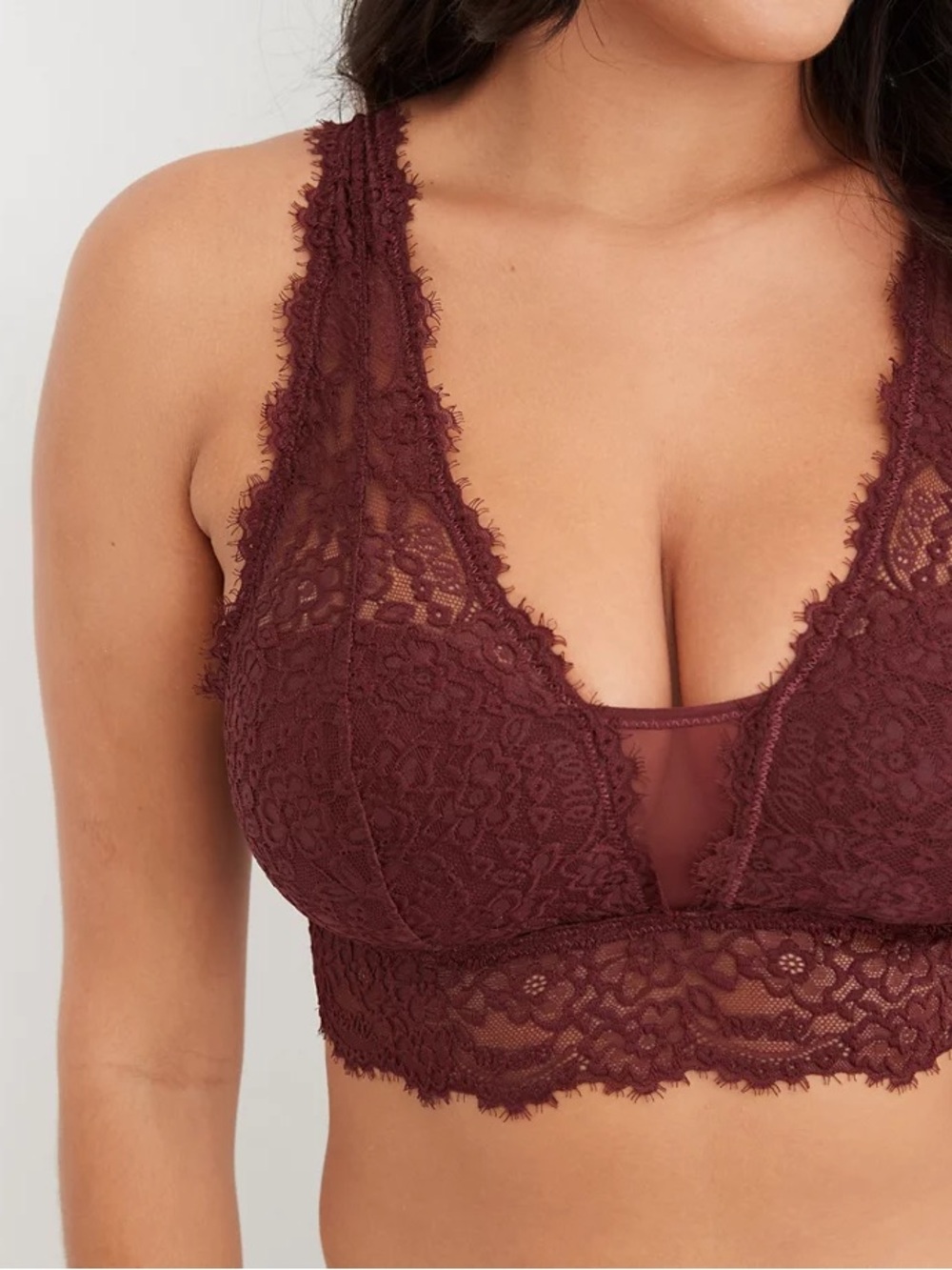 Aerie Eyelash Lace Padded Plunge Bralette Size Xl Burgundy